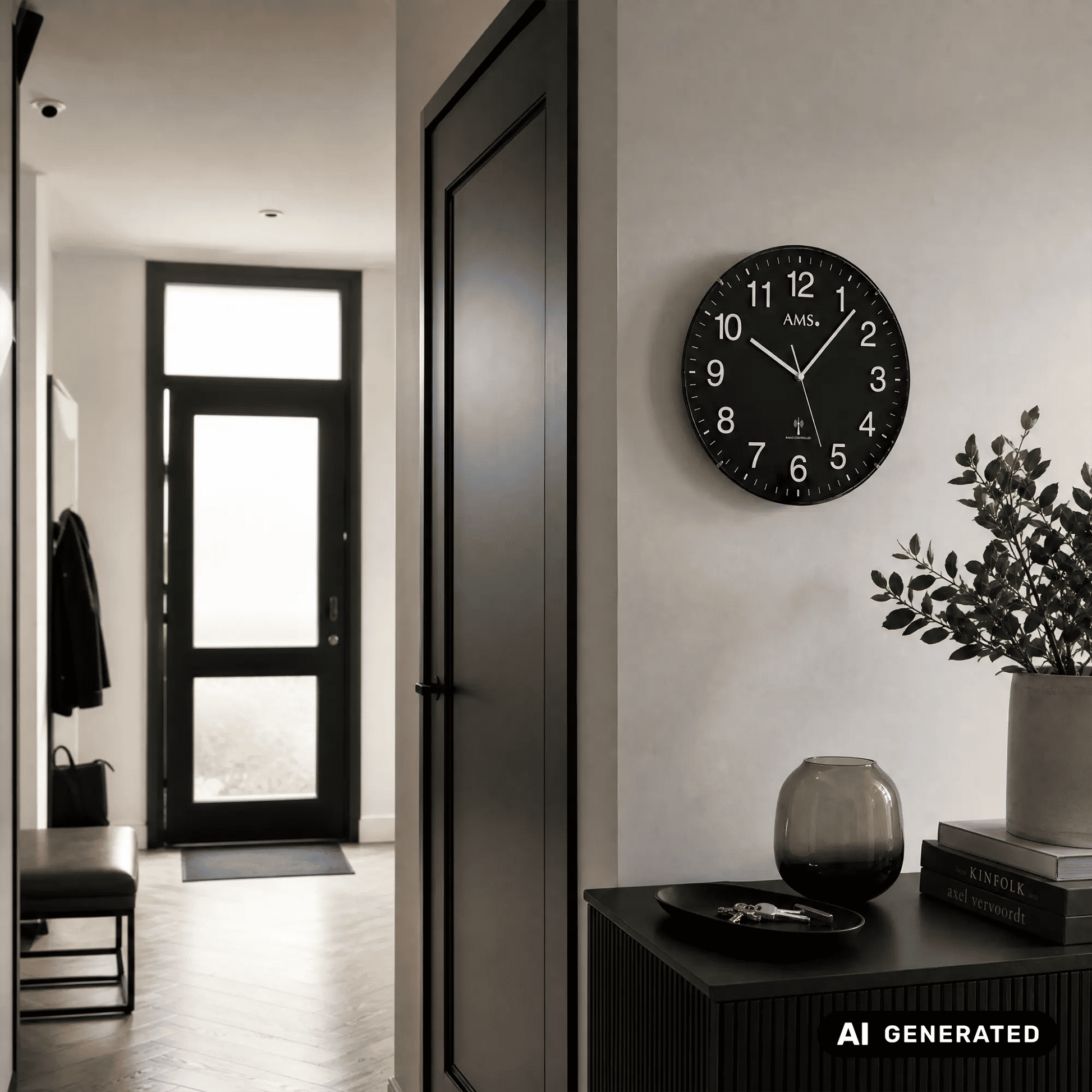 Schwarze AMS Wanduhr an der Wand mit weißen Ziffern, zwei Zeigern und Funk-Symbol