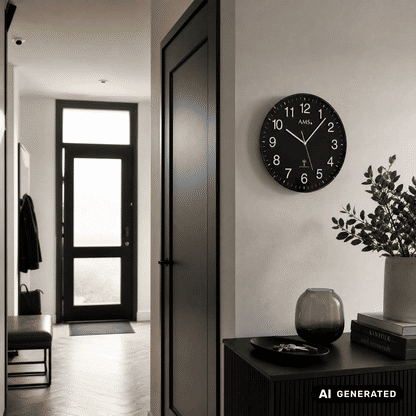 Schwarze AMS Wanduhr an der Wand mit weißen Ziffern, zwei Zeigern und Funk-Symbol