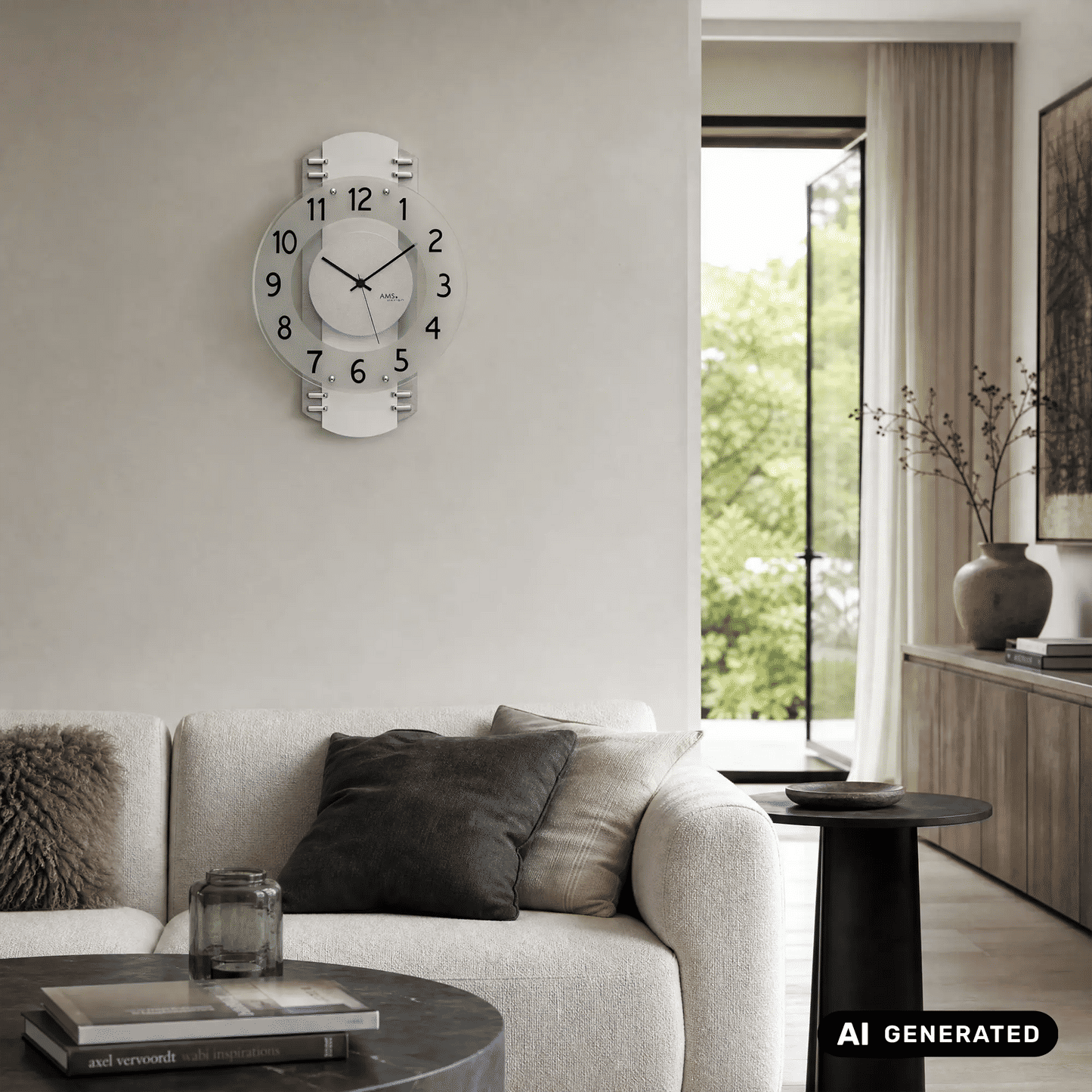 AMS Funkwanduhr an der Wand mit weißem Rahmen, grauem Zifferblatt und schwarzen Zeigern.
