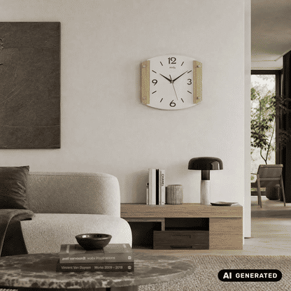 Wanduhr mit weißem Zifferblatt, schwarzen Zahlen und Holzrahmen, geschwungene Form
