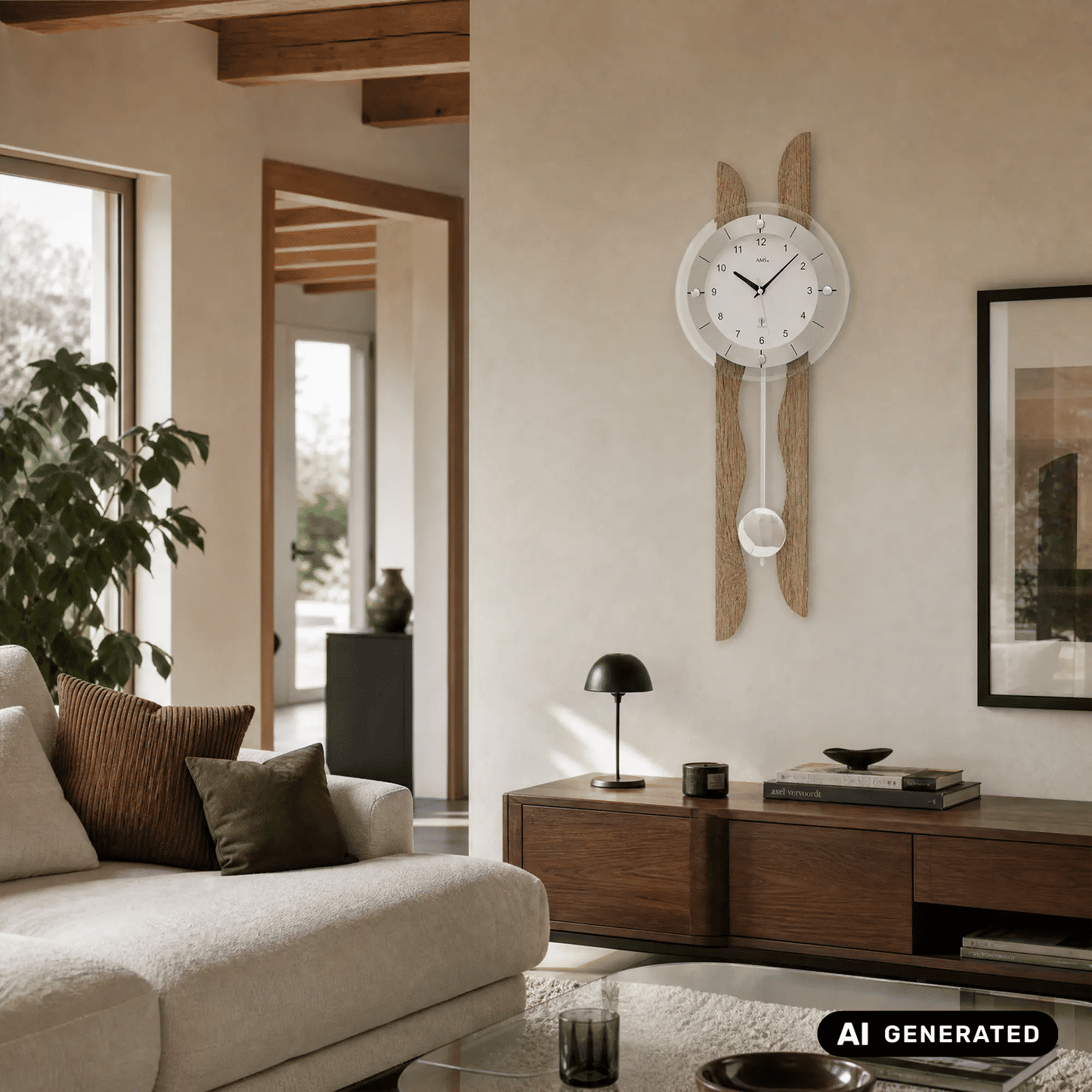 Wanduhr an der Wand mit weißem Zifferblatt, Holzrahmen und zwei Pendelkugeln