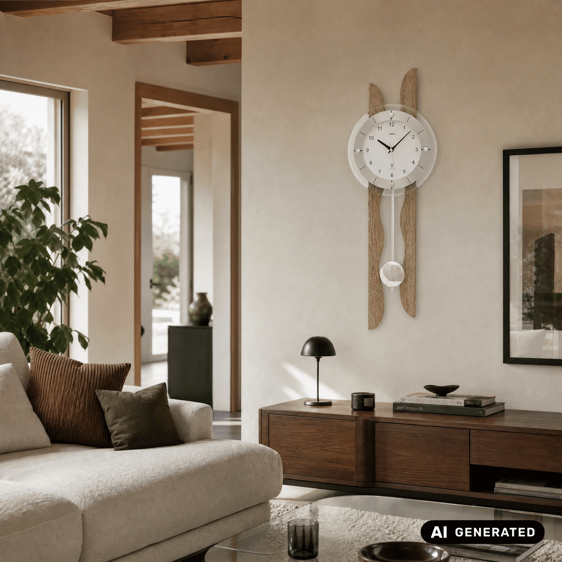Wanduhr an der Wand mit weißem Zifferblatt, Holzrahmen und zwei Pendelkugeln