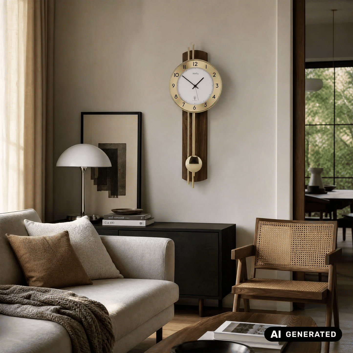 Wanduhr an der Wand mit weißem Zifferblatt, goldenen Zeigern und Pendel im Holzgehäuse