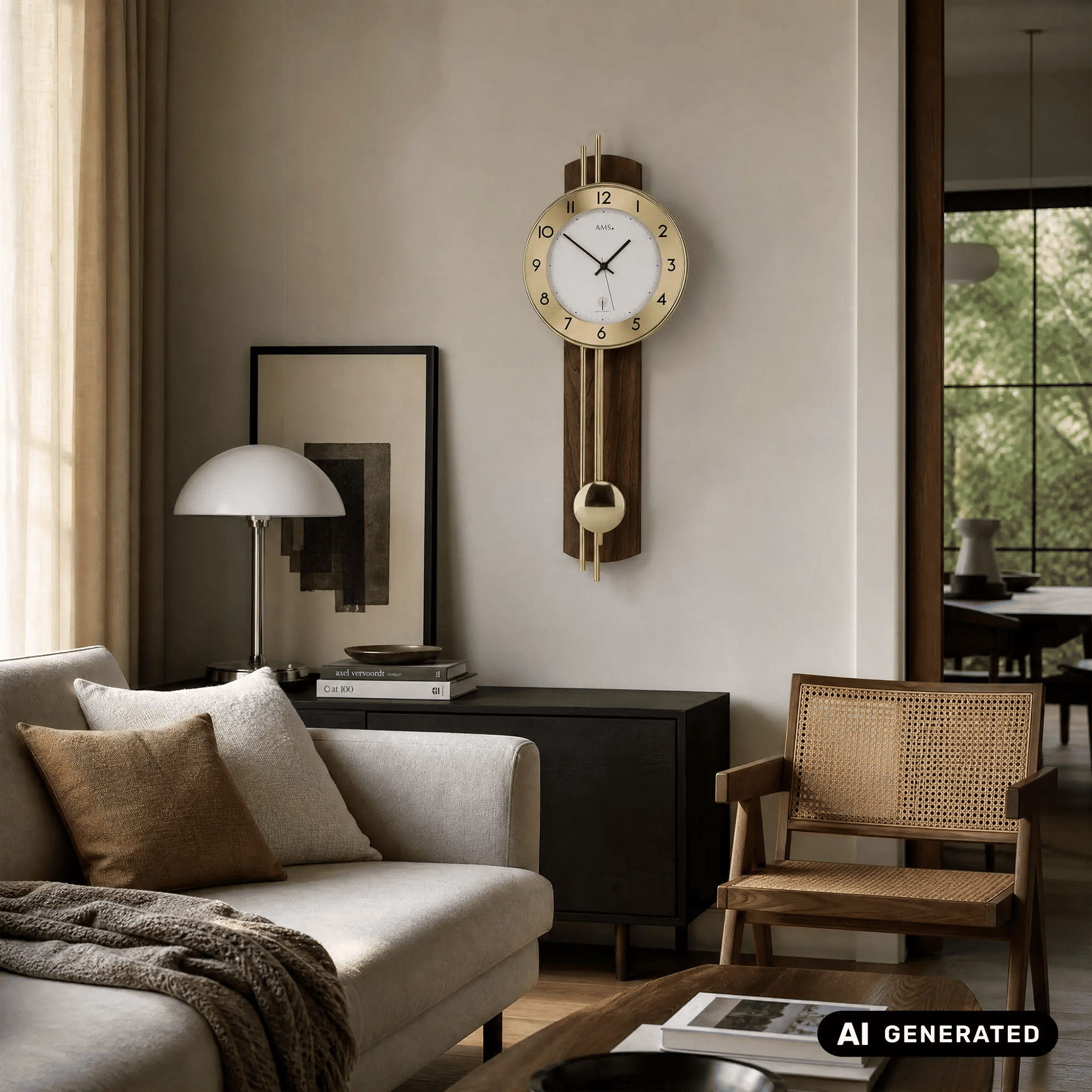 Wanduhr an der Wand mit weißem Zifferblatt, goldenen Zeigern und Pendel im Holzgehäuse