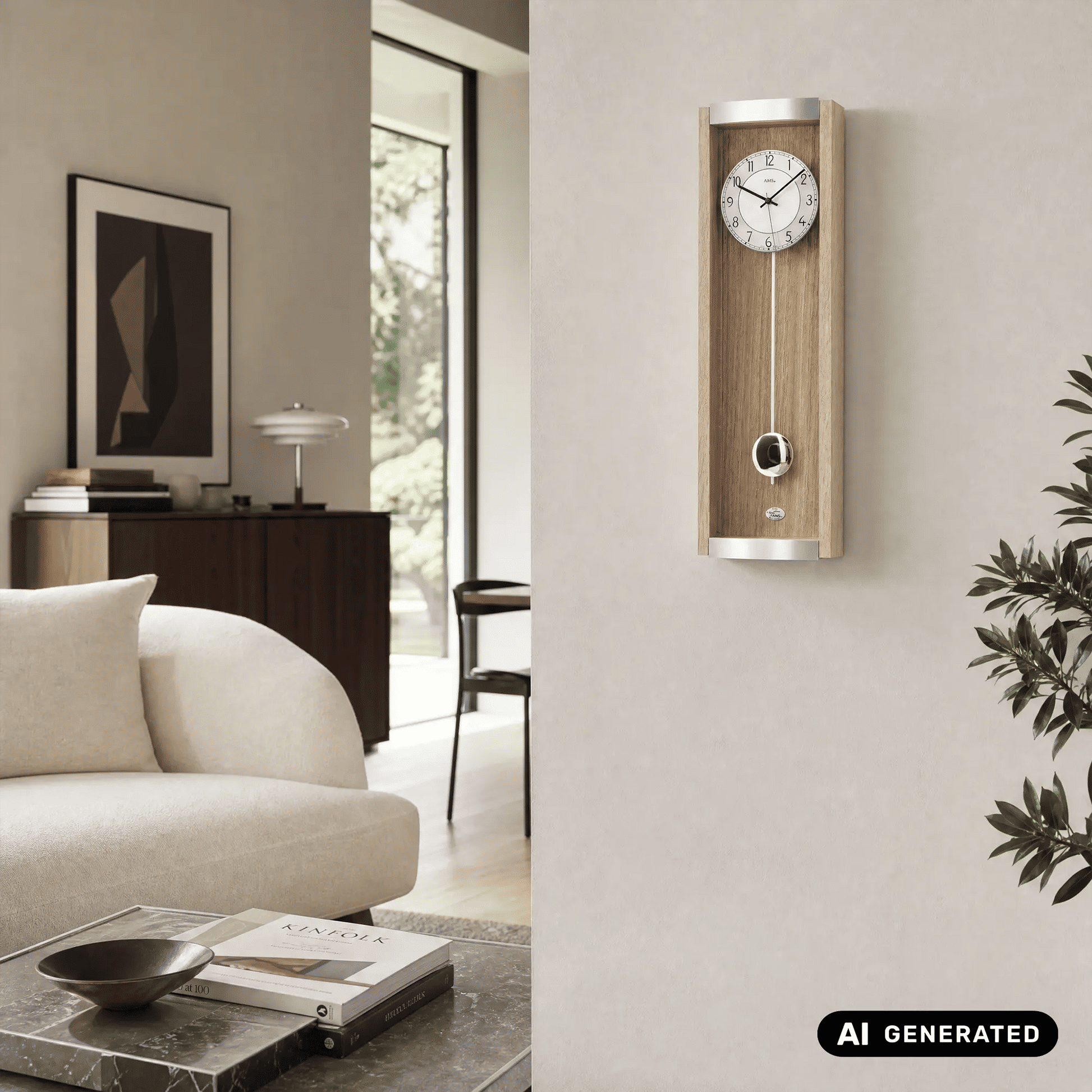 Wanduhr an Wand mit Eiche-Holzrahmen, rundem Zifferblatt und Pendelknopf