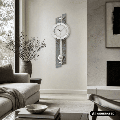 Wanduhr an der Wand mit rundem Ziffernblatt und Pendelgewicht, klare Glasabdeckung