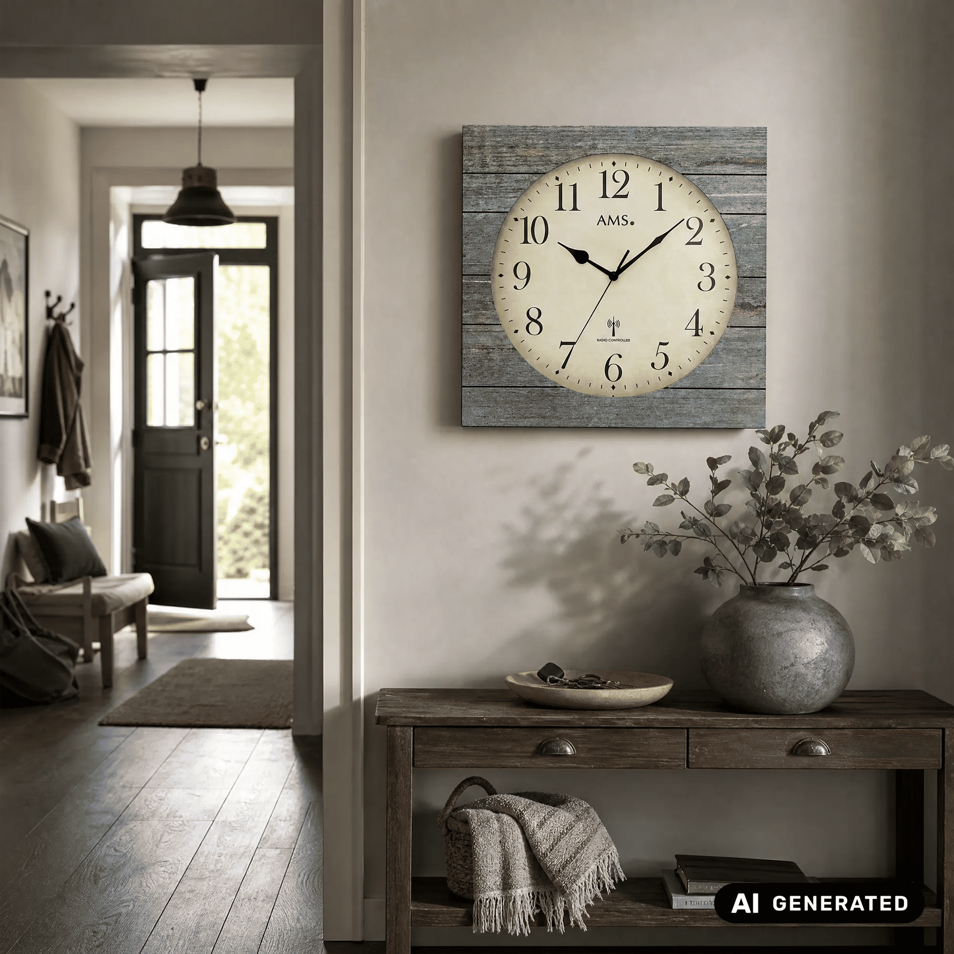 Wanduhr mit grauer Holzstruktur und Mineralglas-Front, Funk-Uhr, AMS