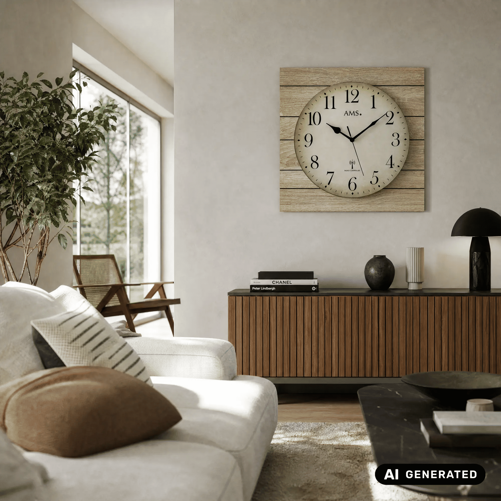 Wanduhr mit rundem Zifferblatt im Holzrahmen über Sideboard im Wohnbereich