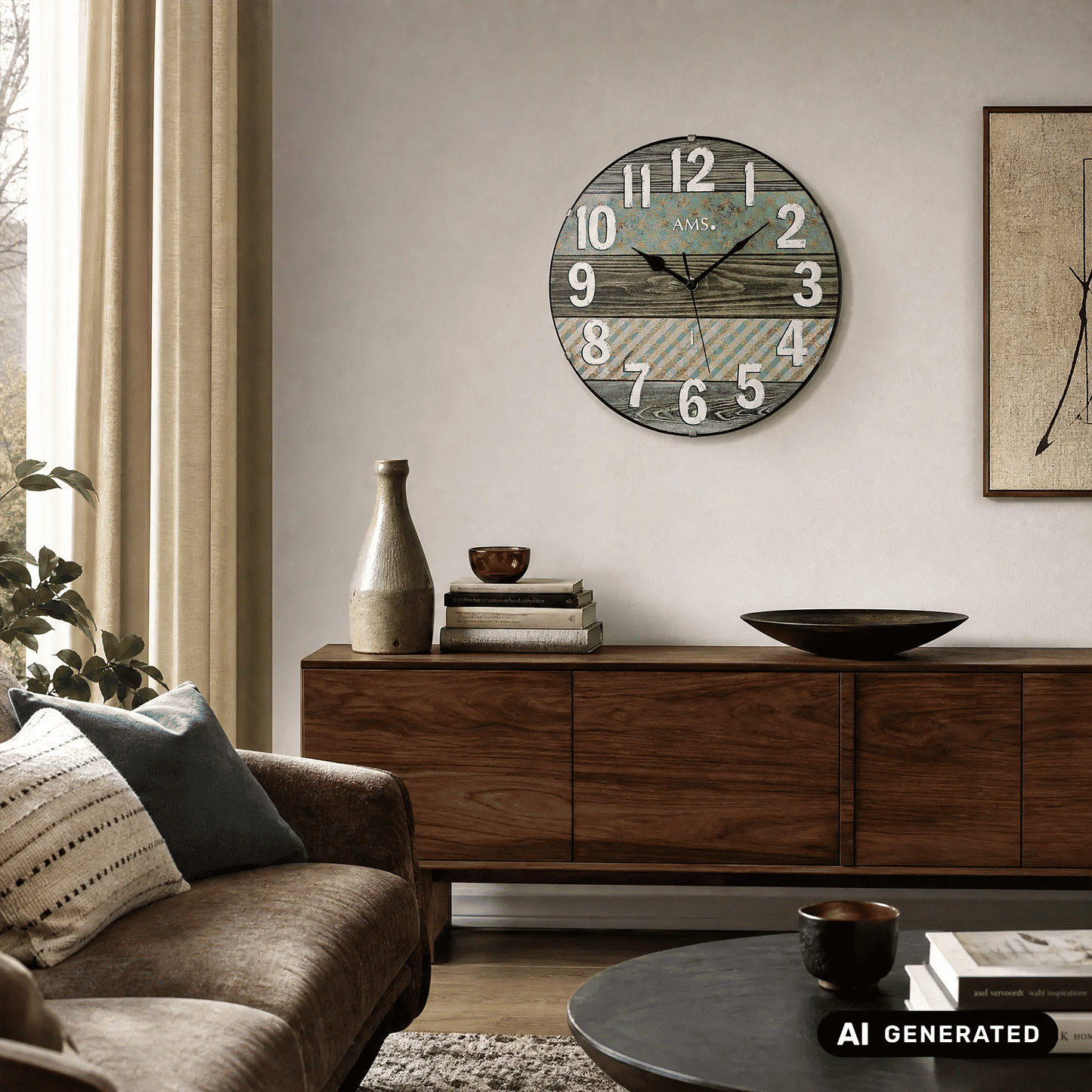 Runde AMS Funk-Wanduhr an der Wand, grün-braunes Zifferblatt mit weißen Ziffern