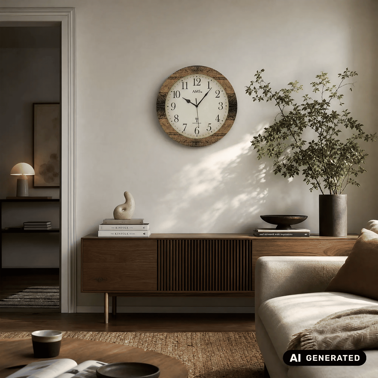 Wanduhr mit rundem Nussbaum-Holzrahmen und weißem Zifferblatt, Zeiger und Ziffern sichtbar