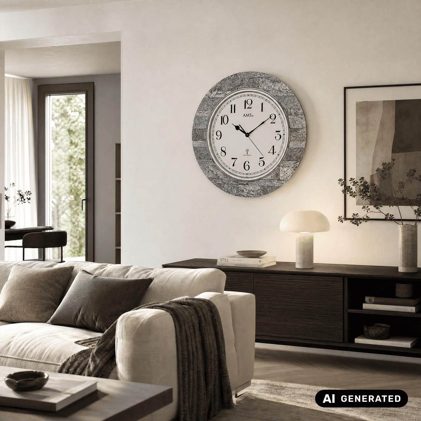 Wanduhr an der Wand mit grauer Stein-Optik, silbernem Rahmen, weißem Ziffernblatt und AMS.