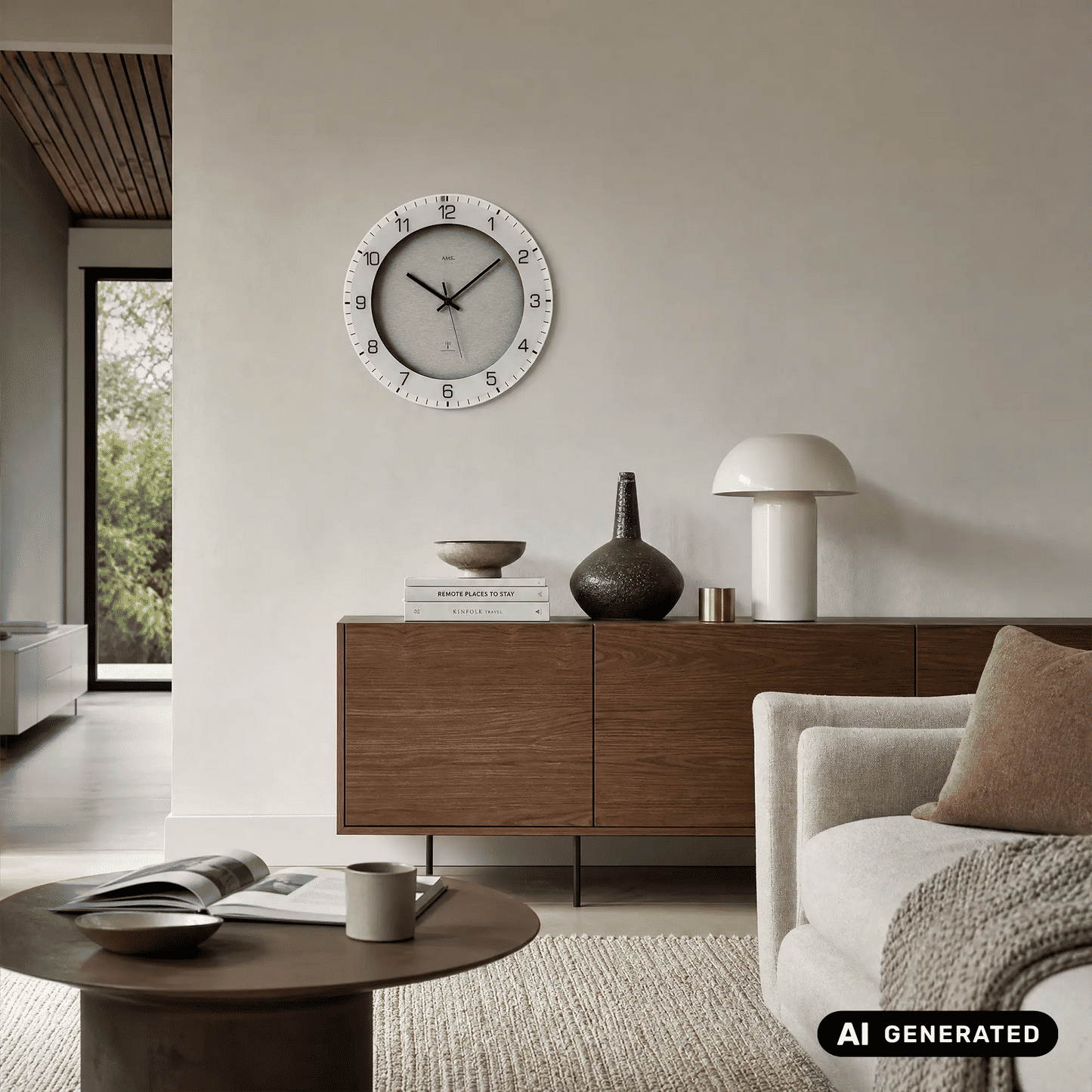 Kleine beige Wanduhr mit weißem Rahmen, schwarzen Zeigern und Minutenmarkierungen