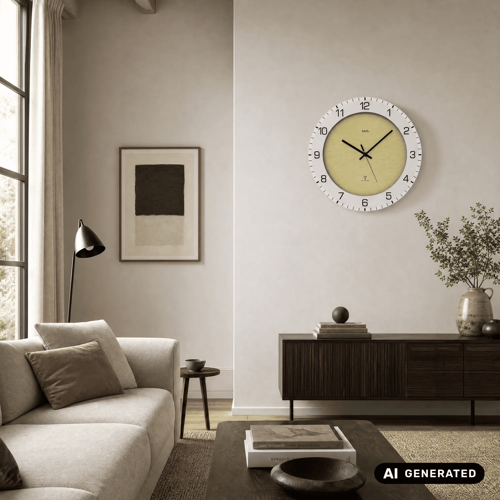 AMS Funk-Wanduhr an Wand im Wohnzimmer: hellgraues Zifferblatt, weiße Ziffern, schwarze Zeiger