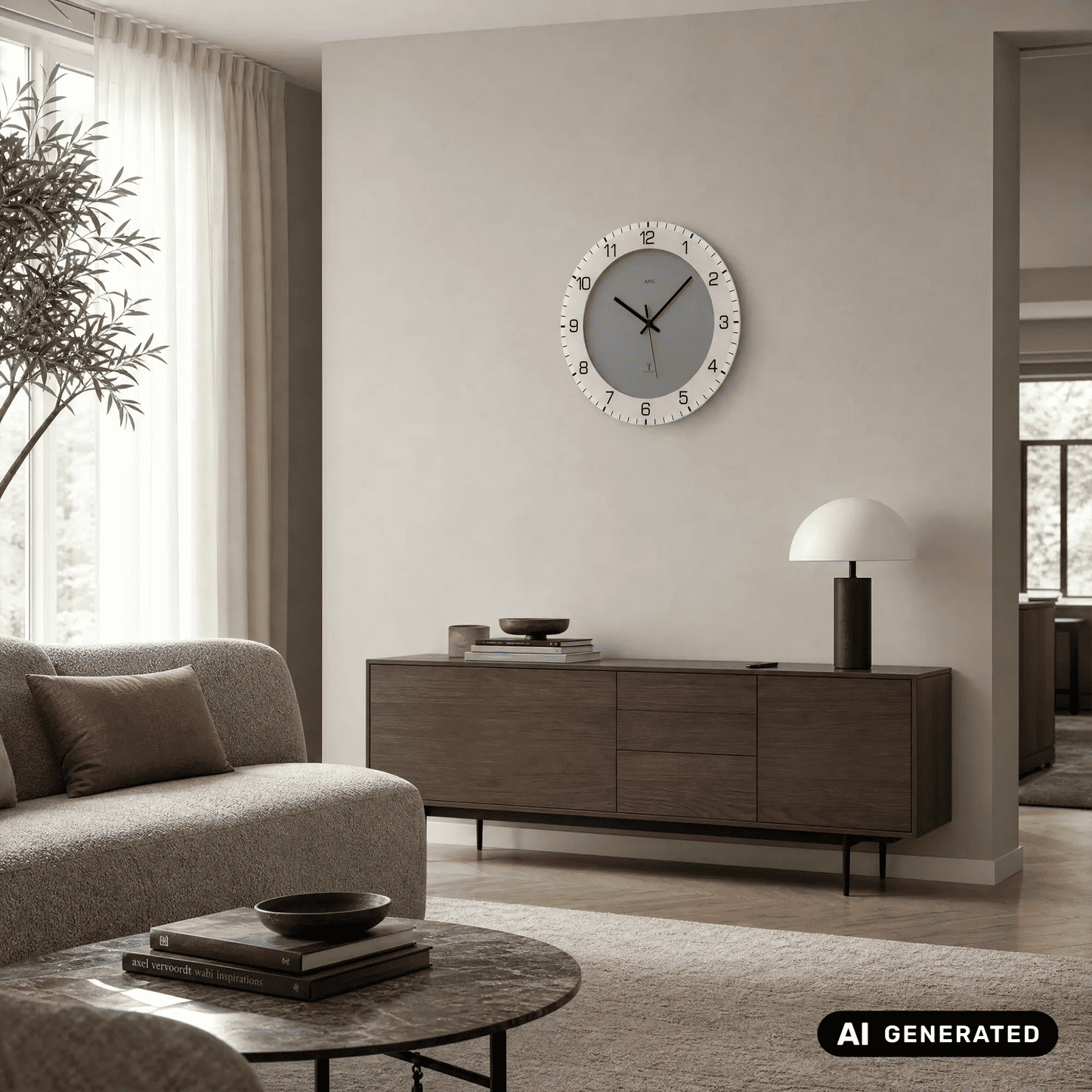 Wanduhr an der Wand über Sideboard: anthrazitfarbenes Zifferblatt, weißer Ziffernring