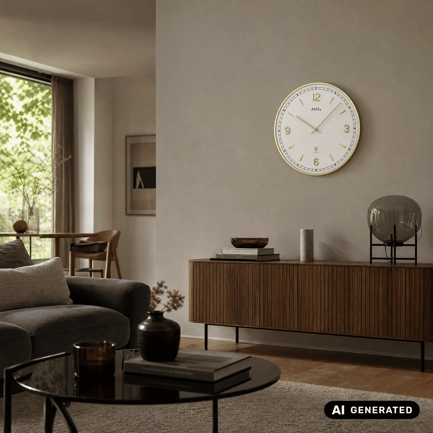 Wanduhr an der Wand mit weißem Ziffernblatt und goldfarbenem Rahmen