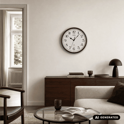 AMS Wanduhr mit dunklem Gehäuse, römische Ziffern, schwarze Zeiger und Uhrglas