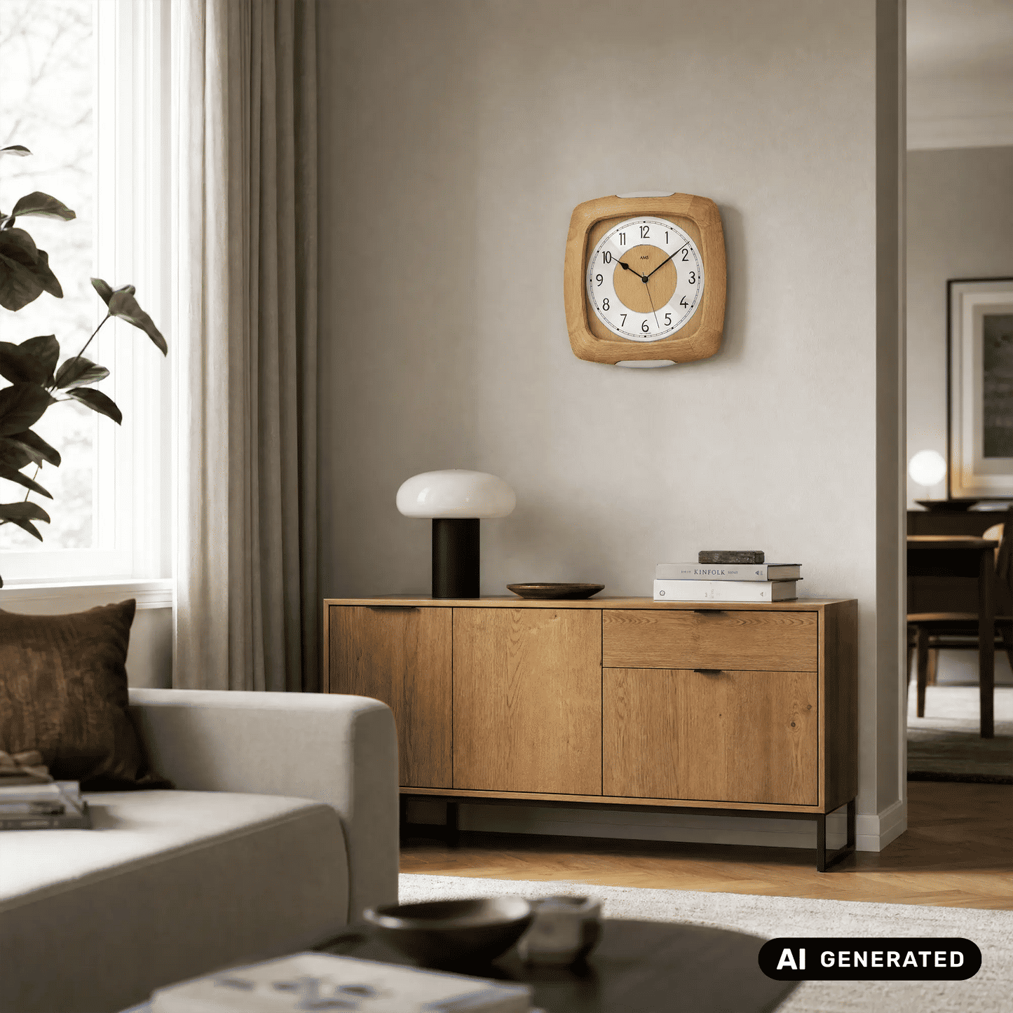 Holz-Wanduhr mit Mineralglas, an der Wand montiert, Zifferblatt mit arabischen Ziffern
