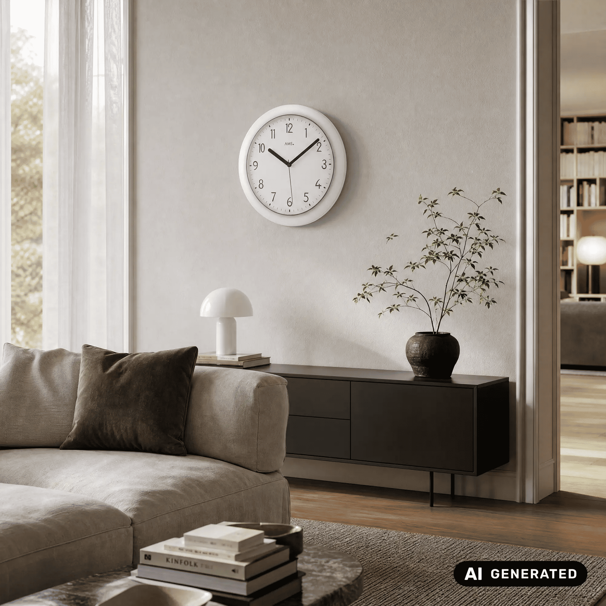 Funk-Wanduhr an der Wand mit weißem Zifferblatt, schwarzen Zeigern und silbernem Gehäuse.