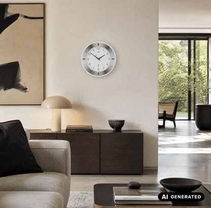 Wanduhr an der Wand mit silbernem Ring, weißem Zifferblatt und schwarzen Zeigern