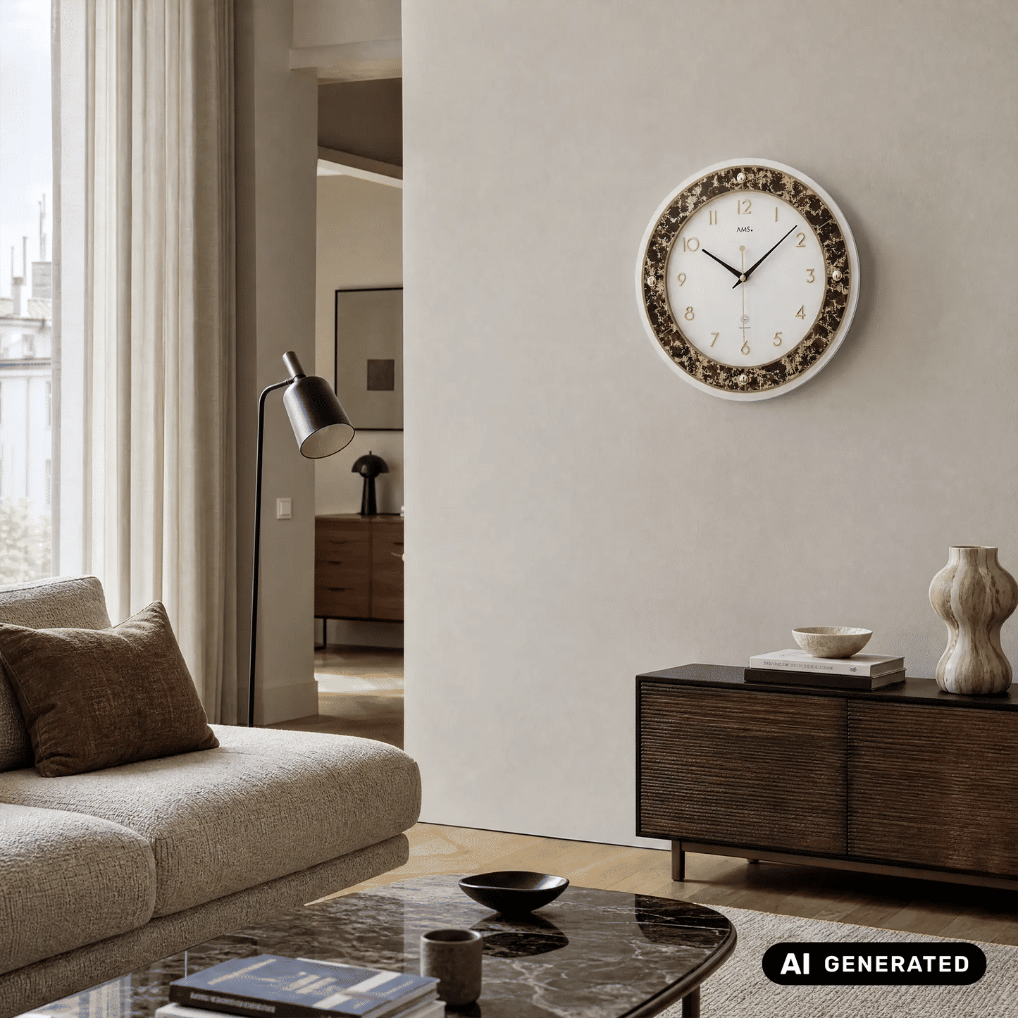 Wanduhr an Wand mit braun-goldenem Ornamentrand, goldenen Ziffern und schwarzen Zeigern