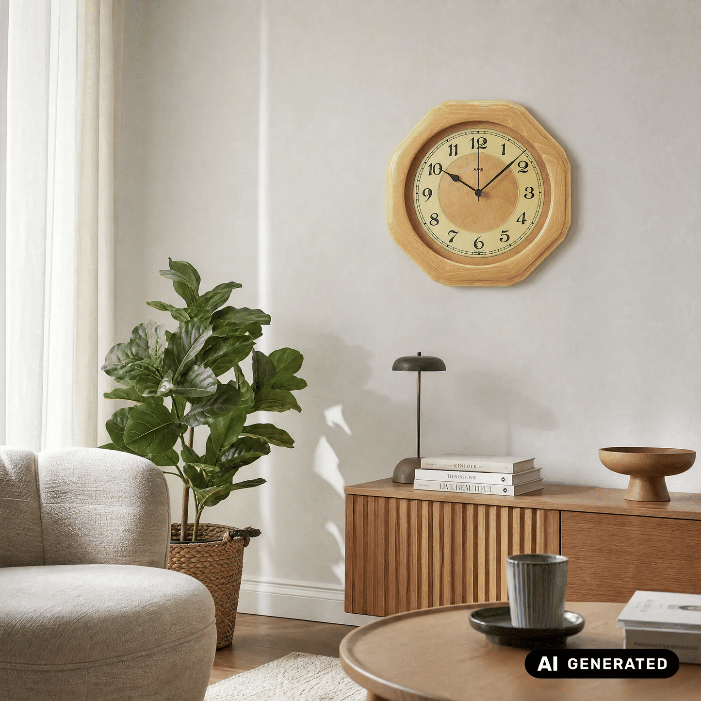 Funk-Wanduhr im Achteck-Holzrahmen, rundes Zifferblatt mit arabischen Zahlen und schwarzen Zeigern