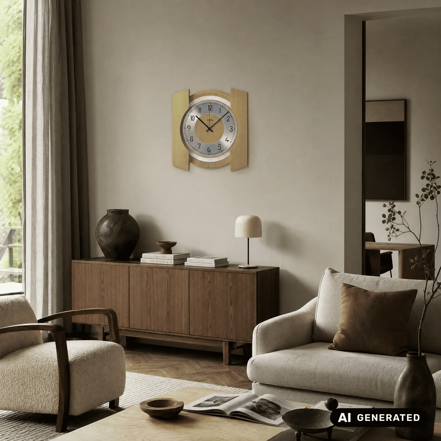 Wanduhr mit hellem Holzrahmen und weißem Ziffernblatt an der Wand, schwarze Zeiger.