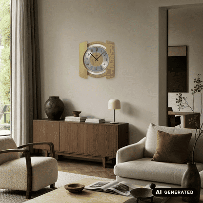 Wanduhr mit hellem Holzrahmen und weißem Ziffernblatt an der Wand, schwarze Zeiger.