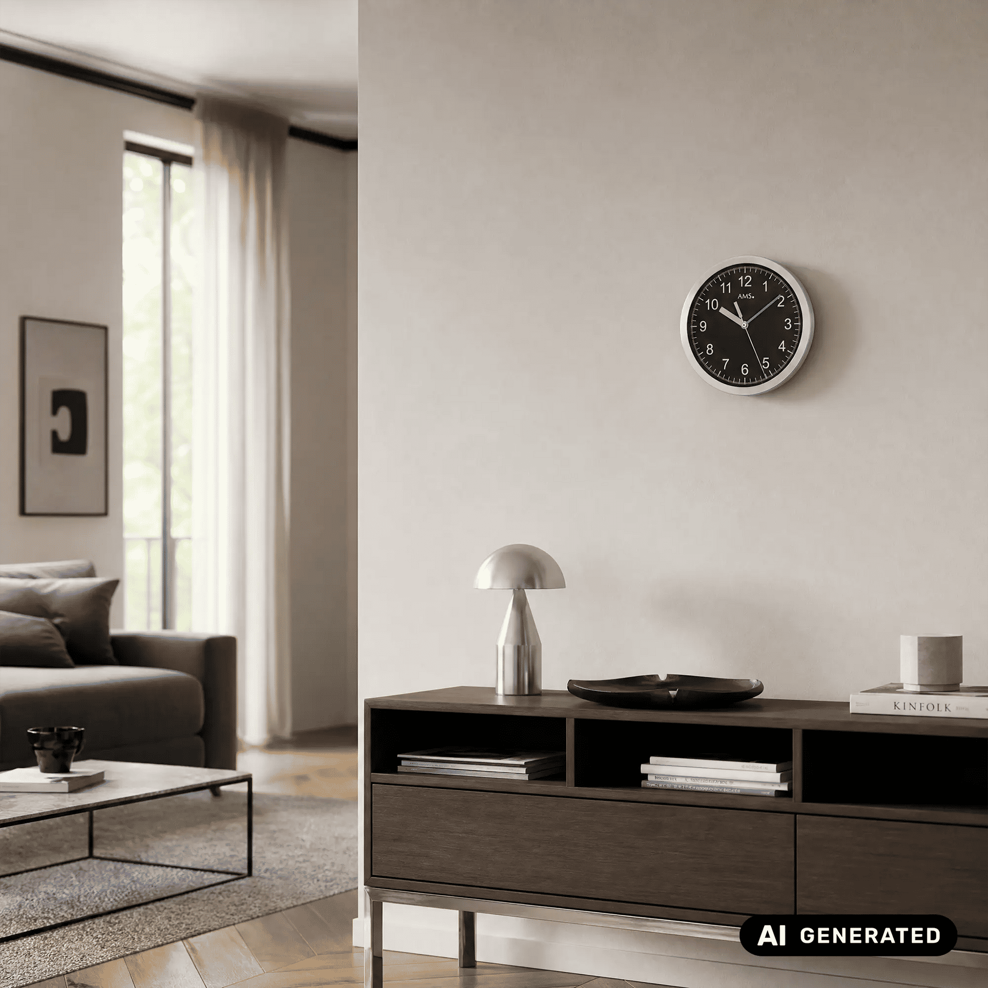 Wanduhr an der Wand mit schwarzem Ziffernblatt und silbernem Aluminiumrahmen, AMS