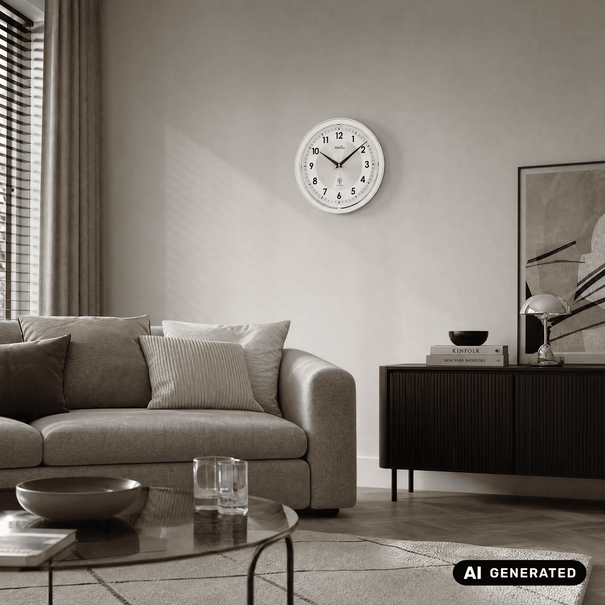 AMS Funk-Wanduhr an der Wand: weißes Zifferblatt, schwarze Zeiger und rundes Silbergehäuse
