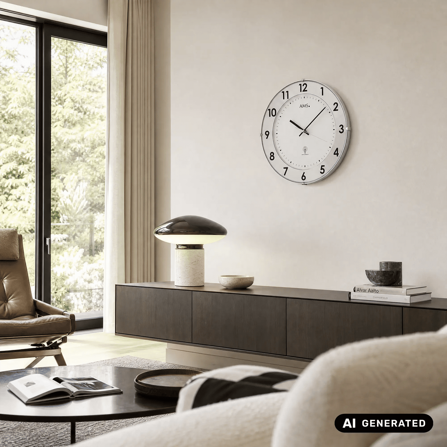 Funk-Wanduhr an der Wand mit weißem Ziffernblatt, schwarzen Zahlen und schlanken Zeigern