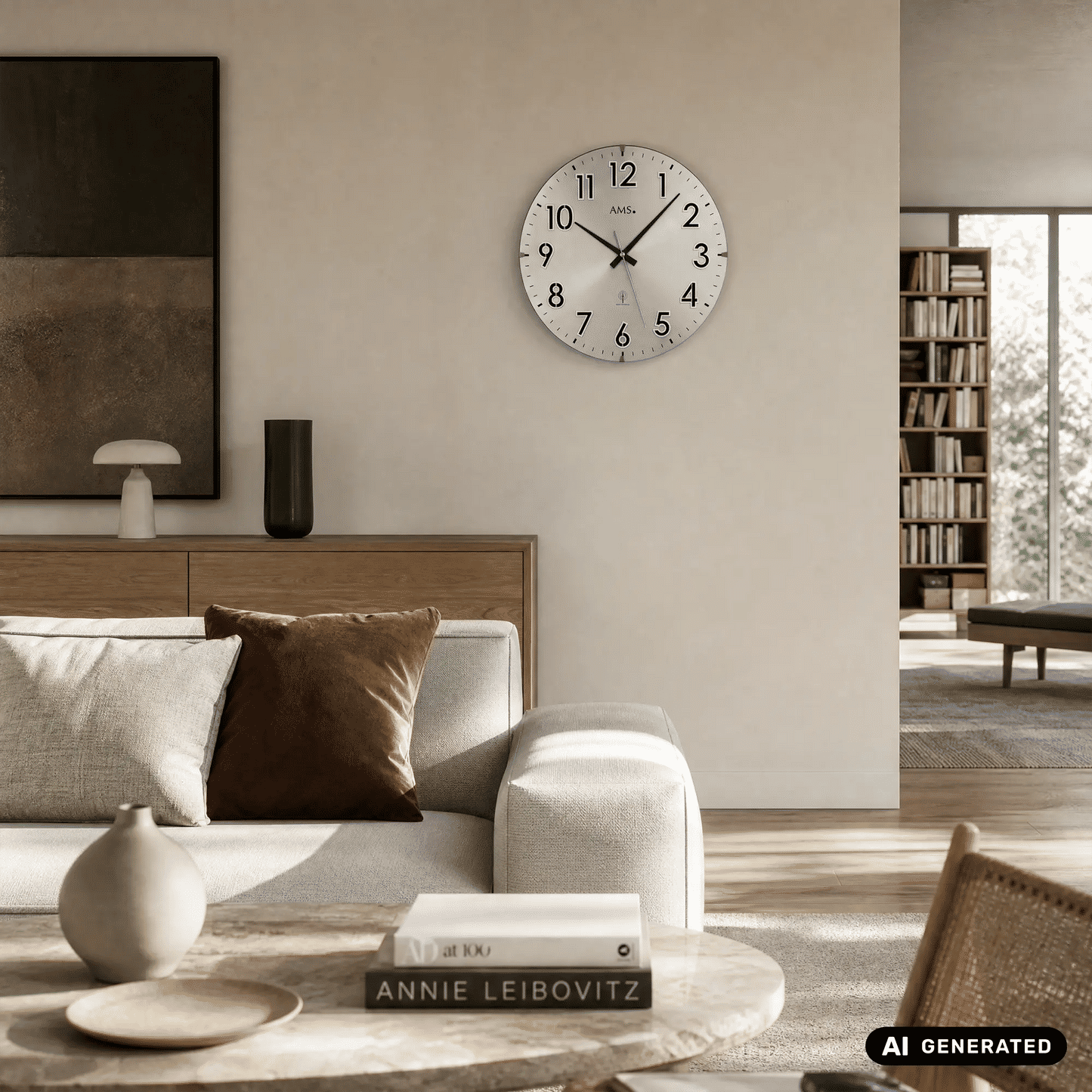 Silberne Funk-Wanduhr mit weißem Zifferblatt, schwarzen Zeigern, klarer Glasfront, AMS