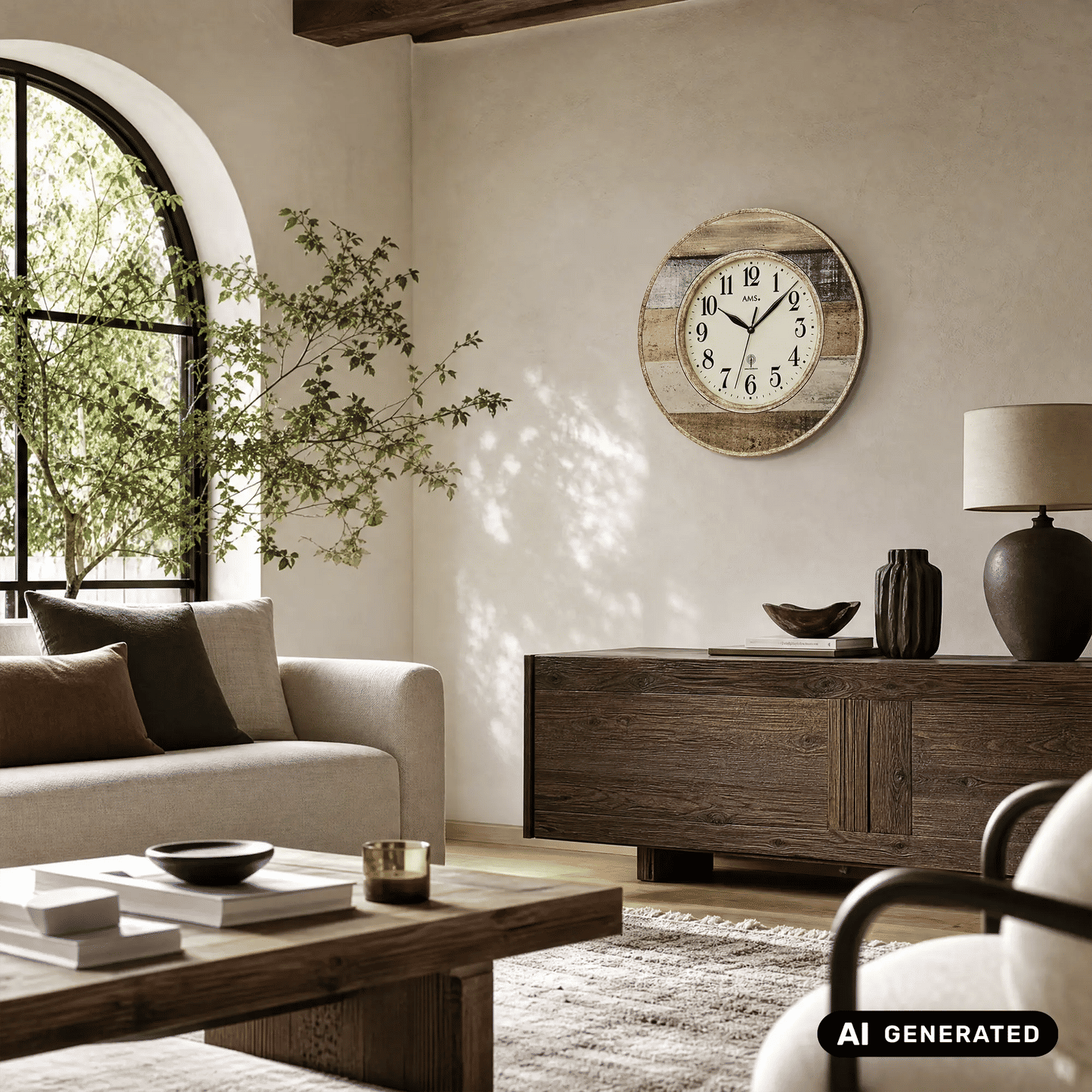 Wanduhr mit rundem, verwittertem Holzrahmen und weißem Ziffernblatt an der Wand