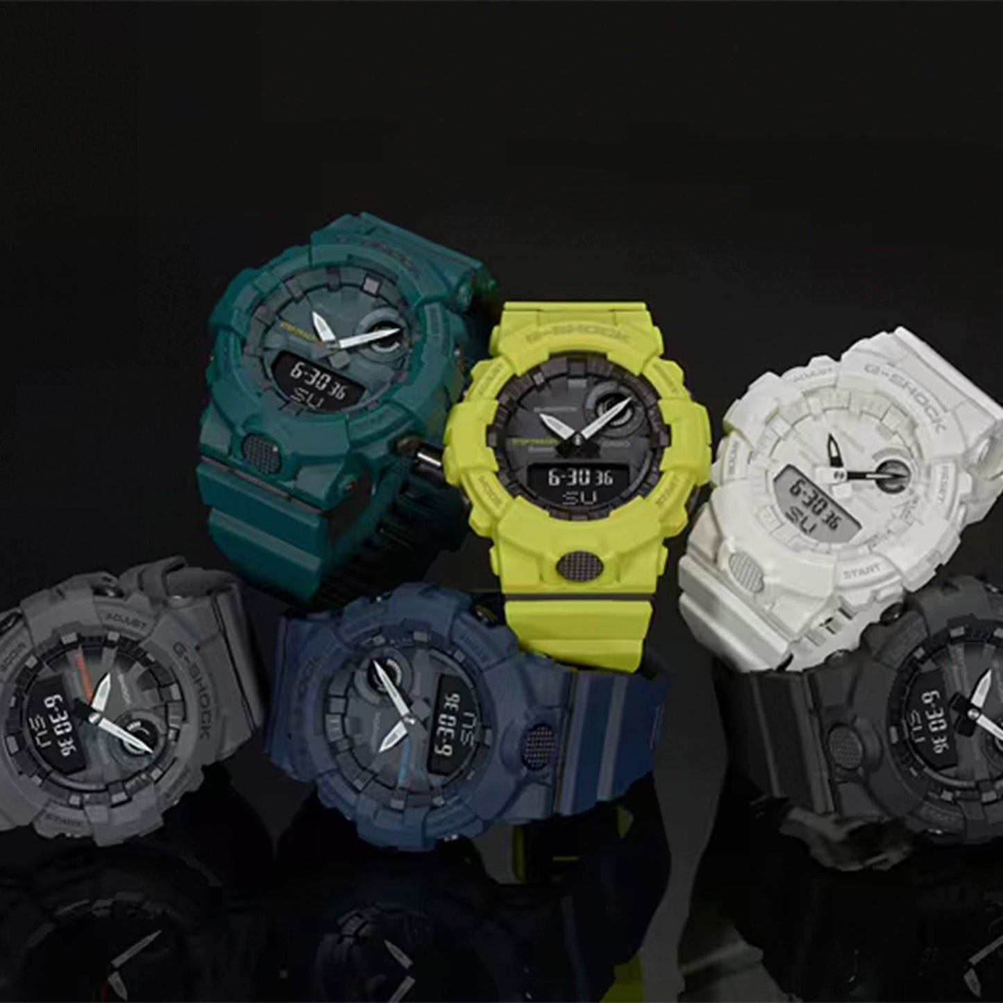 Zegarki męskie Casio G-Shock w różnych kolorach: turkusowym, żółtym i białym, z okrągłymi tarczami