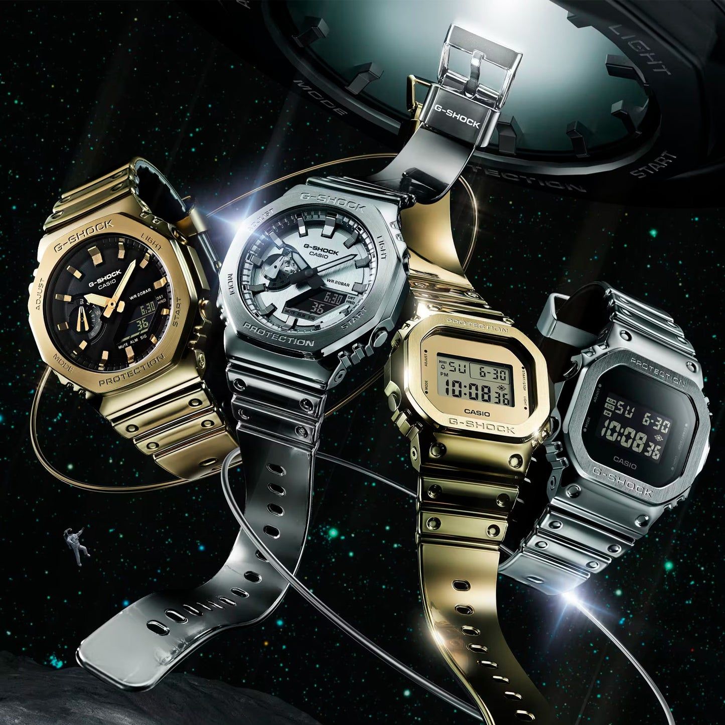 Kilka zegarków G-SHOCK G-Steel z metalowymi bransoletami w kolorze srebrnym i złotym, srebrny model z przodu