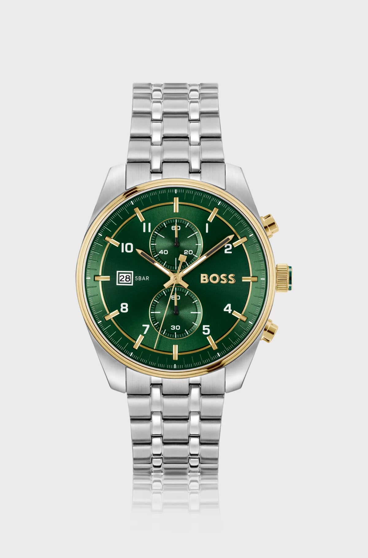 BOSS Skytraveller 1514195 Herren Armbanduhr Silber • Zweifarbiger Chronograph • Grünes Zifferblatt