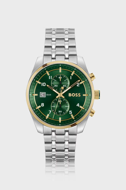 BOSS Skytraveller 1514195 Herren Armbanduhr Silber • Zweifarbiger Chronograph • Grünes Zifferblatt