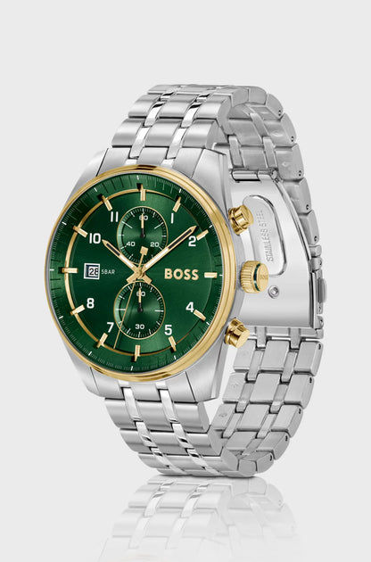 BOSS Skytraveller 1514195 Herren Armbanduhr Silber • Zweifarbiger Chronograph • Grünes Zifferblatt, Bild 2