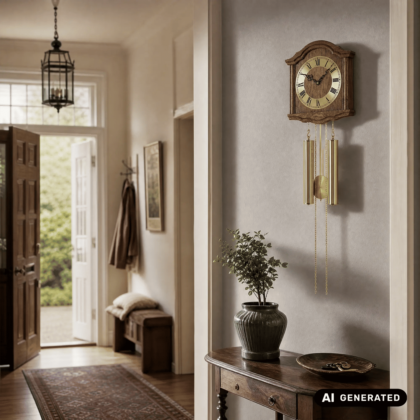 Wanduhr an der Wand: Holzgehäuse, Zifferblatt mit römischen Zahlen und goldfarbene Klangstäbe