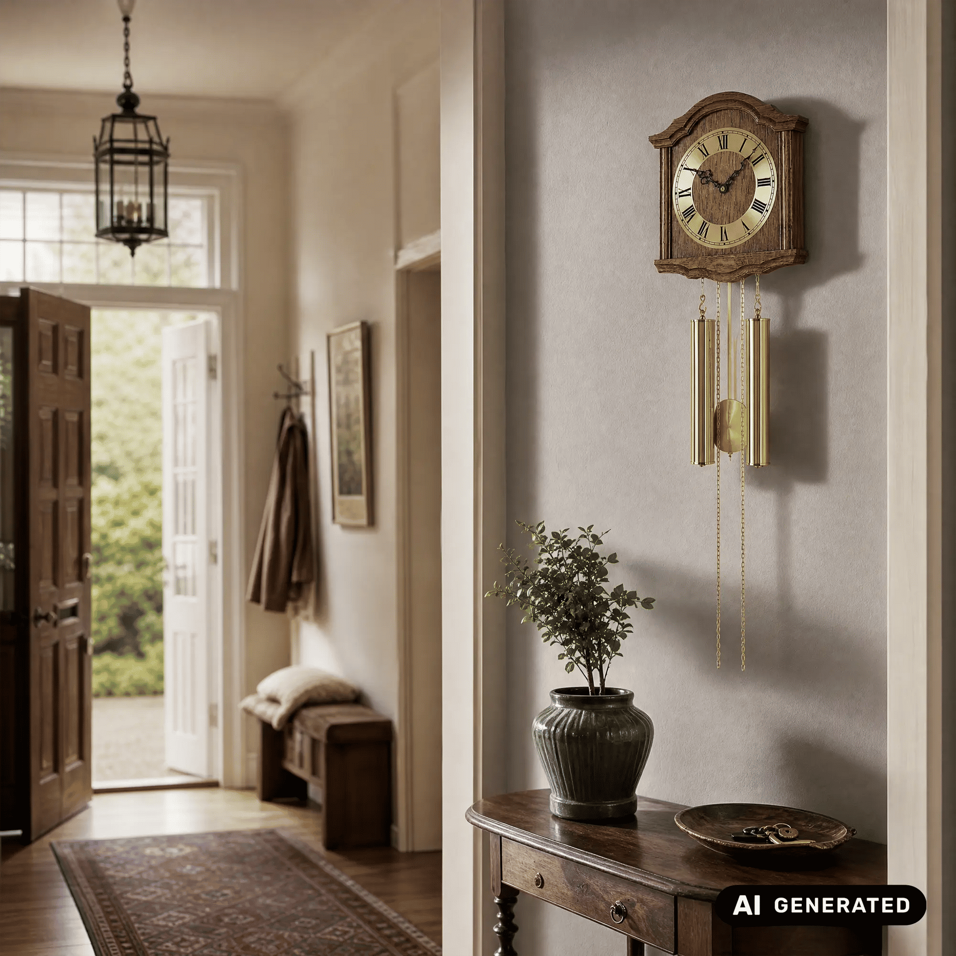 Wanduhr an der Wand: Holzgehäuse, Zifferblatt mit römischen Zahlen und goldfarbene Klangstäbe
