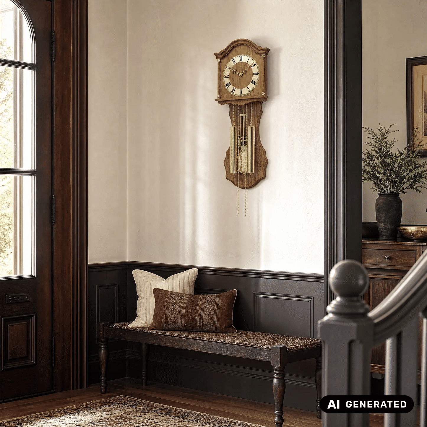 Wanduhr aus Eiche an der Wand mit rundem Zifferblatt und Pendel