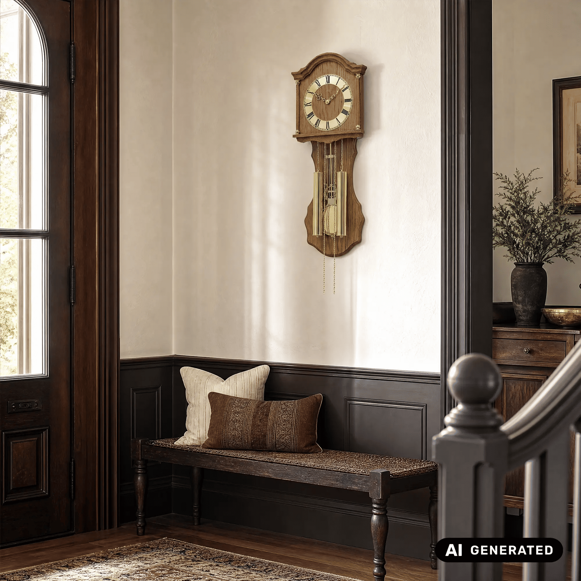 Wanduhr aus Eiche an der Wand mit rundem Zifferblatt und Pendel