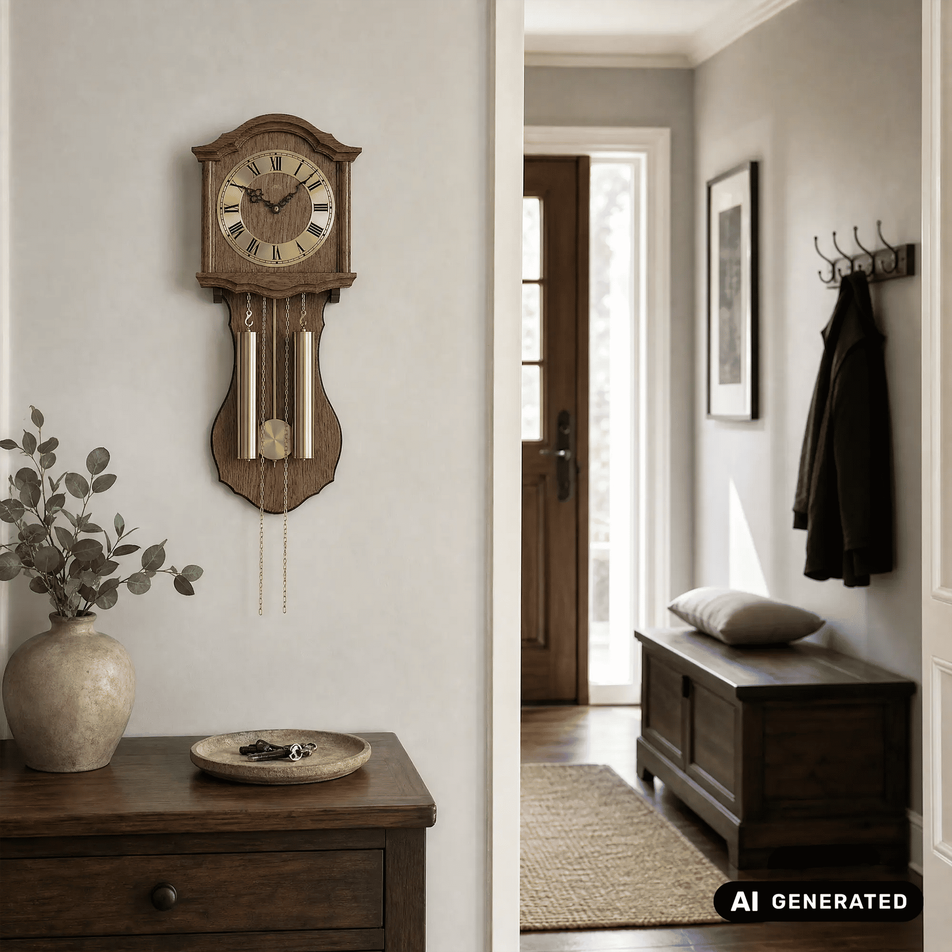 Wanduhr im Holzgehäuse mit römischen Ziffern, Pendel und goldenen Kettenanhängern