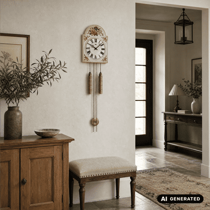 Wanduhr mit Rosendekor und römischen Ziffern, zwei goldene Zylinder-Gewichte an Ketten