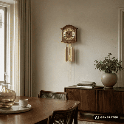 AMS Wanduhr mit Holzrahmen, römischen Ziffern und goldfarbenen Pendelstäben an der Wand