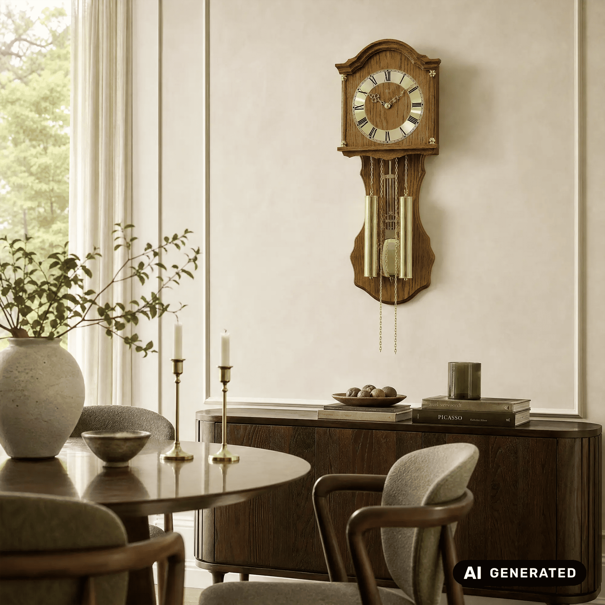 Wanduhr aus Eiche mit rundem Zifferblatt, Metallpendel und Ketten
