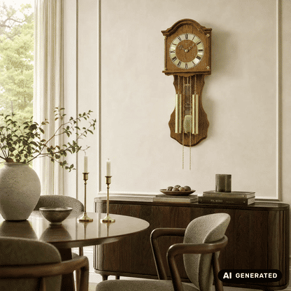 Wanduhr aus Eiche mit rundem Zifferblatt, Metallpendel und Ketten