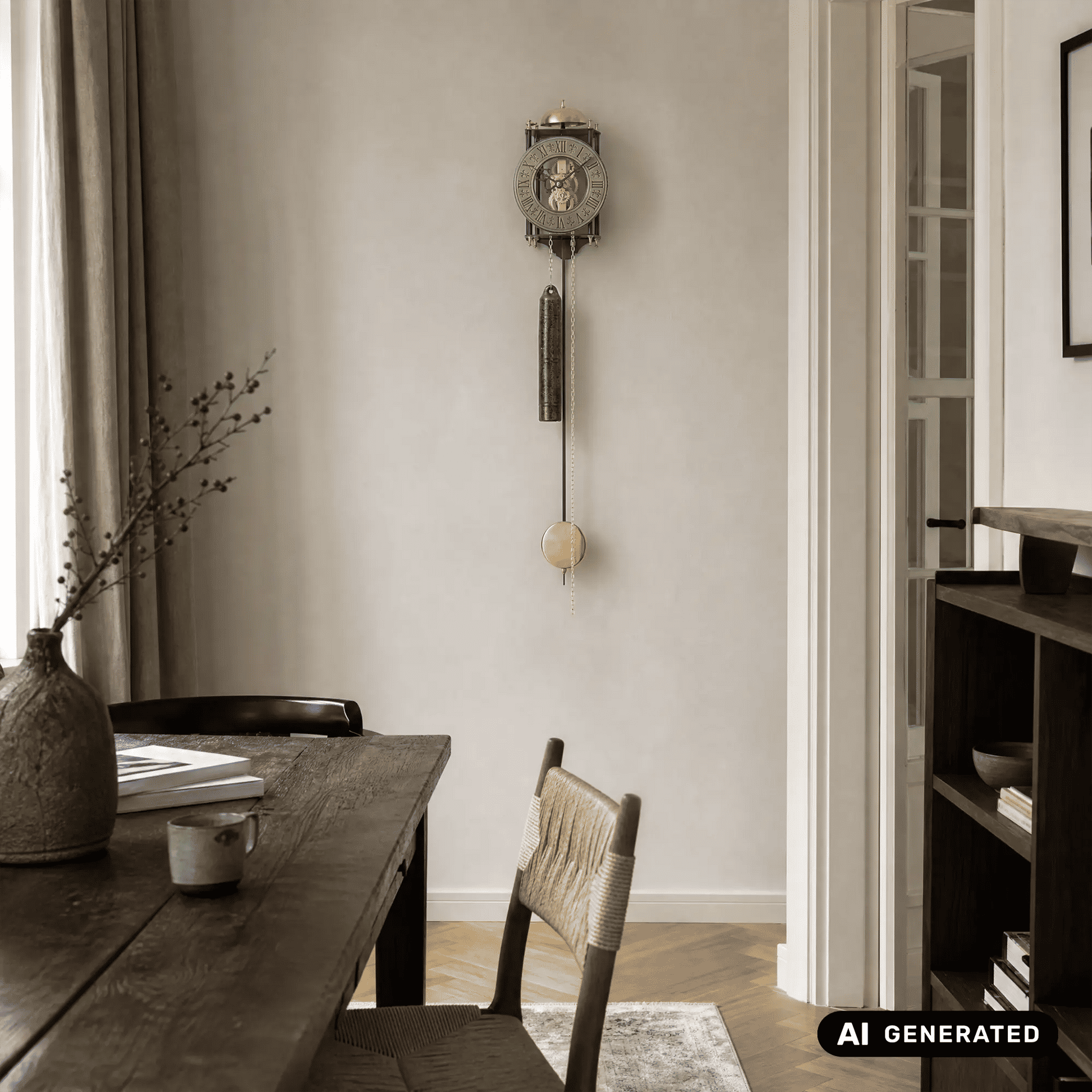 Wanduhr mit rundem Zifferblatt, Pendelpendant und Kettenzug