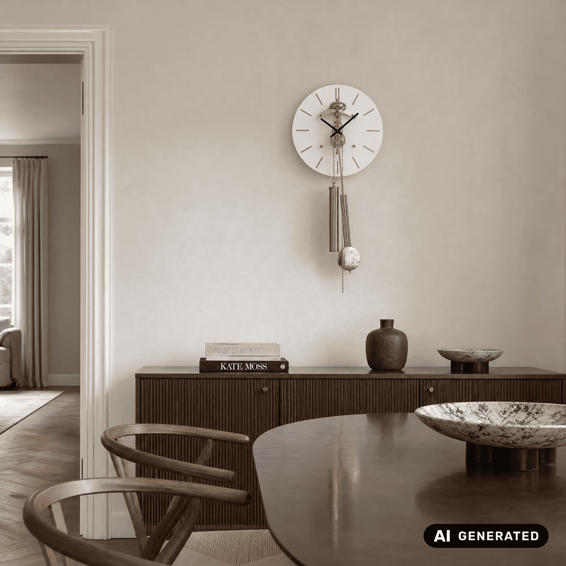 Standuhr mit rundem Zifferblatt und Messingpendel an der Wand