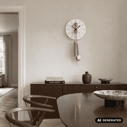 Standuhr mit rundem Zifferblatt und Messingpendel an der Wand