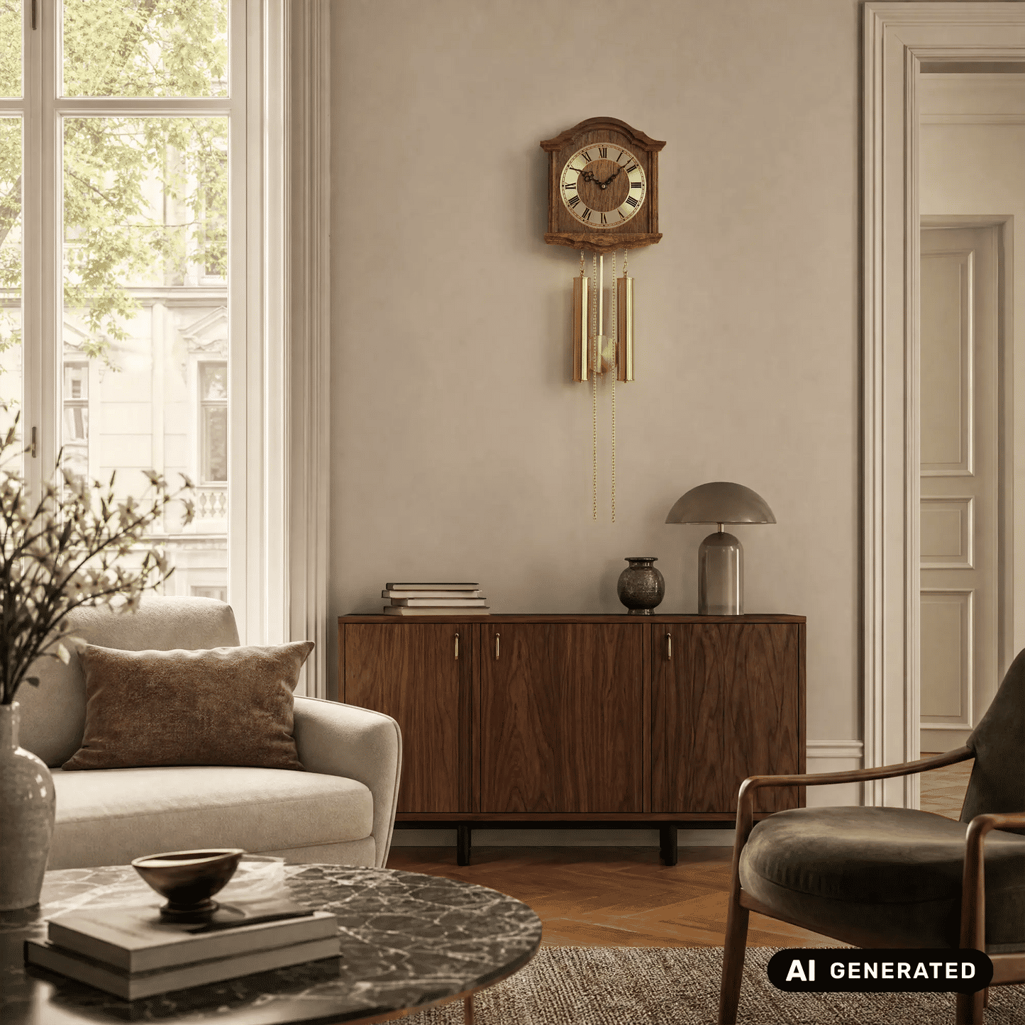 Wanduhr mit rundem Zifferblatt, Holzgehäuse und goldfarbenen Pendelstäben über Kommode